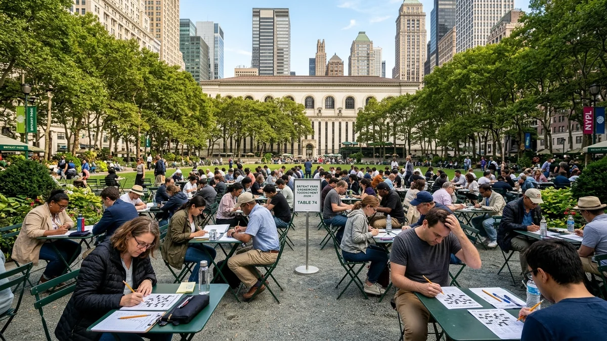 Annual Bryant Park Crossword Tournament with participants solving puzzles outdoors