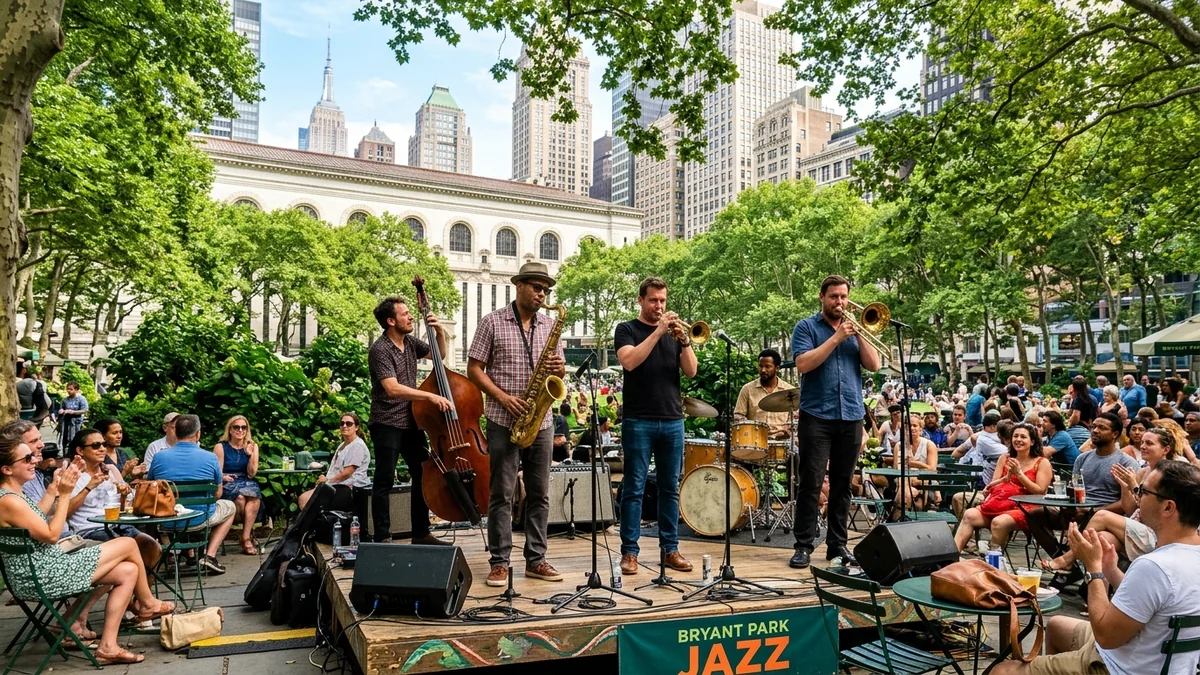 Terry Waldo Gotham City Band performing live jazz at Bryant Park