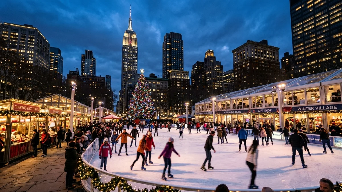 Bank of America Winter Village at Bryant Park with ice rink, holiday shops, and Midtown skyline
