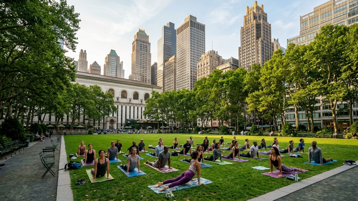 Outdoor community yoga session on the lawn at Bryant Park with Neeti Narula