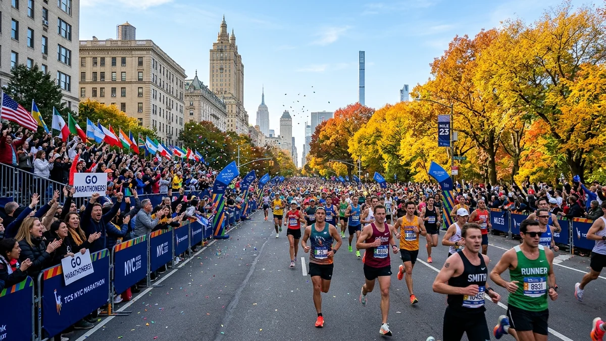 Runners crossing Fifth Avenue in Manhattan during the TCS New York City Marathon