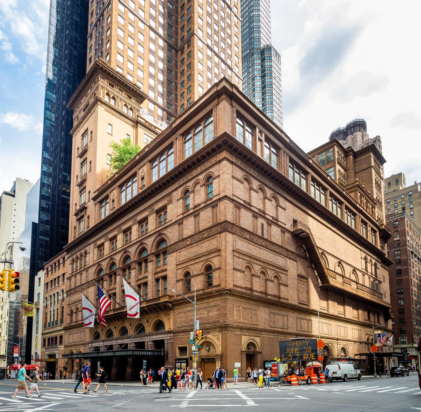 Carnegie Hall exterior at West 57th Street and Seventh Avenue in Midtown Manhattan