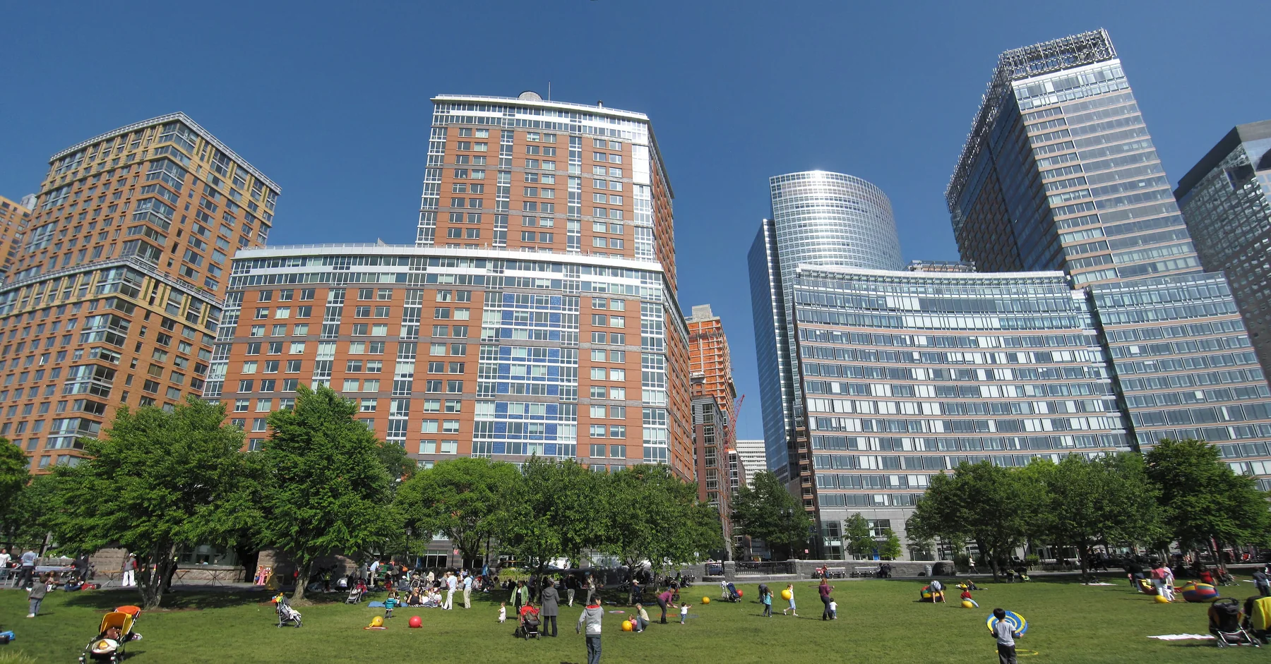 Panoramic view of Battery Park City and its Hudson River waterfront in Lower Manhattan